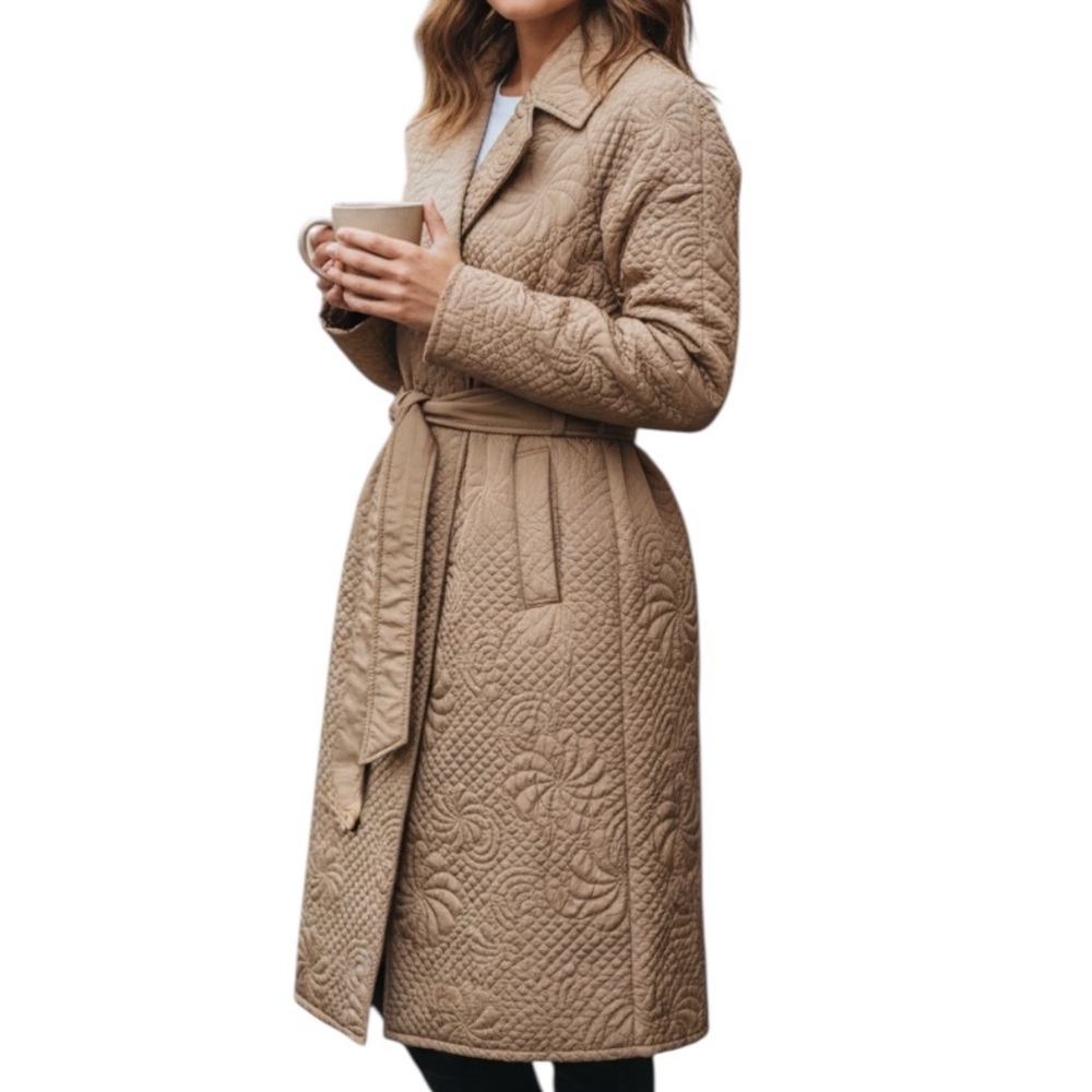 Elie Tahari Floral Diamond Quilted Trench Coat Belt & Snap Closure w Pickets - Picture 1 of 6